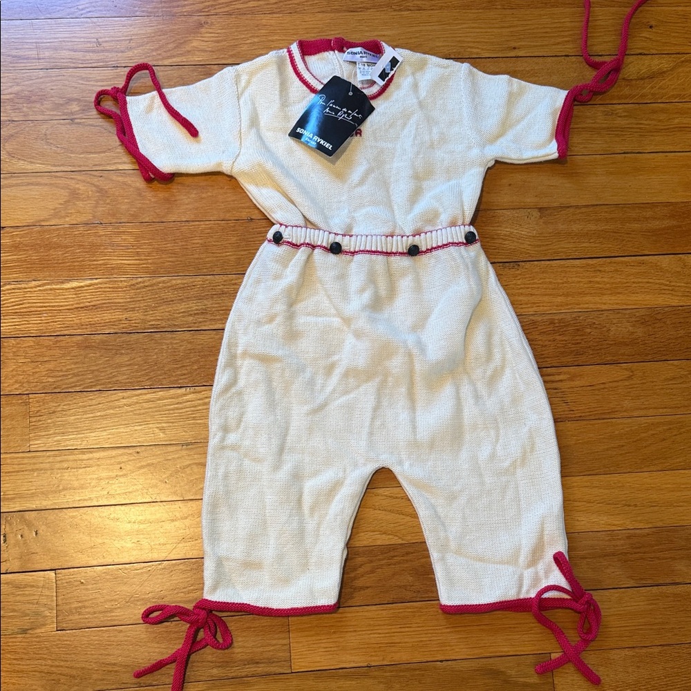 Sonia Rykiel enfant Cream Knit Romper with Red Trim